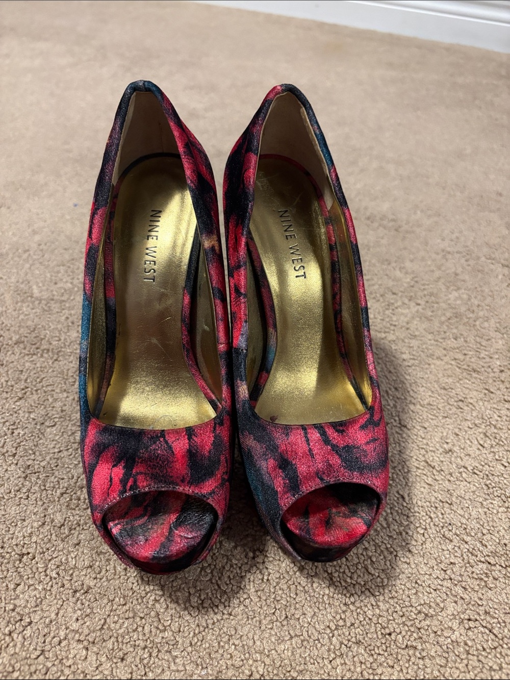 Nine West Red and Black Peep-Toe Pumps